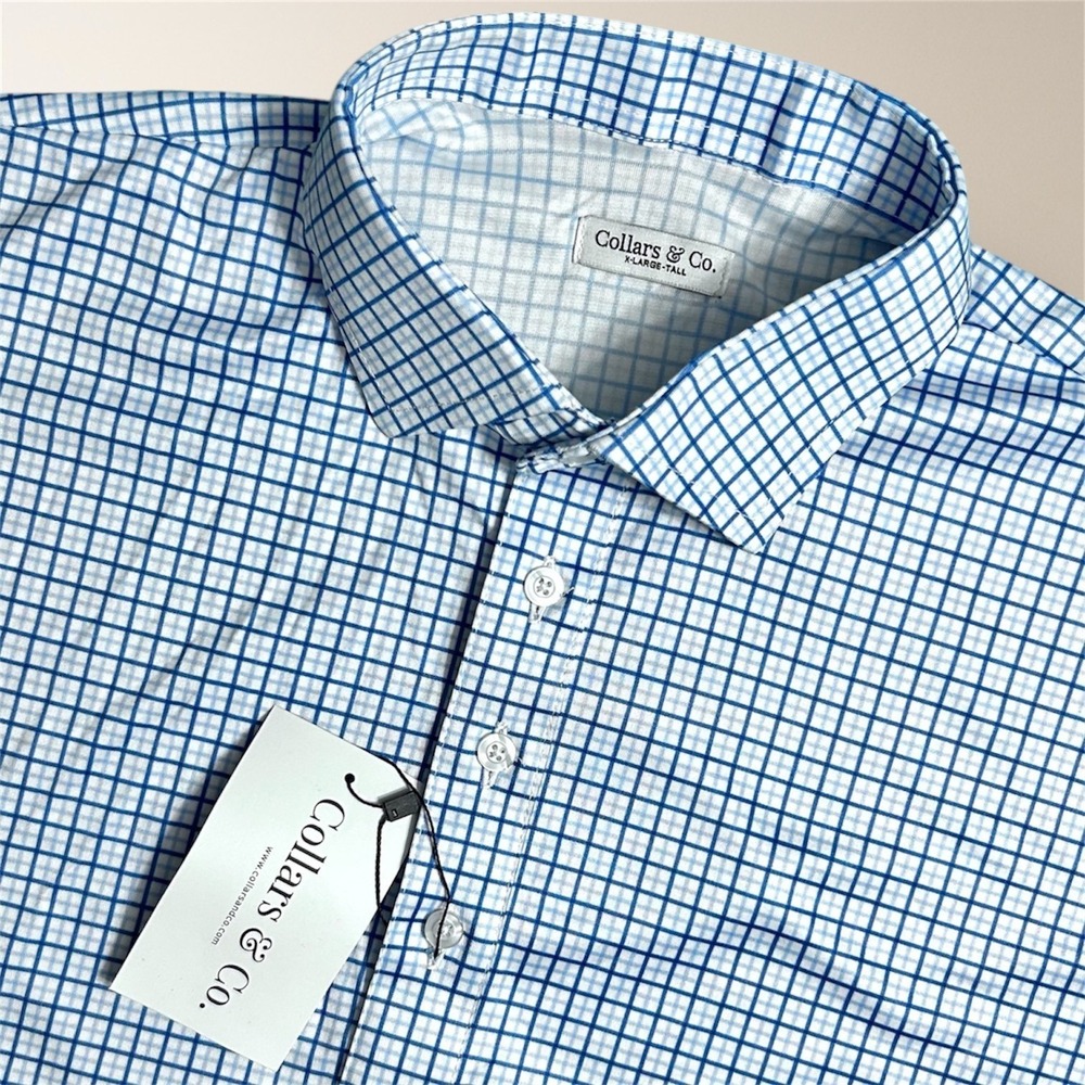 Collars &‎ Co XLT Blue Check Dress Collar Polo Shirt Stretch Short Sleeve Golf